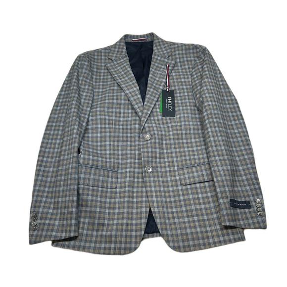 Tommy Hilfiger Check Sport Coat Mens 38S 36 Blue Tan Plaid Flex‎ $295 NEW - Picture 1 of 12